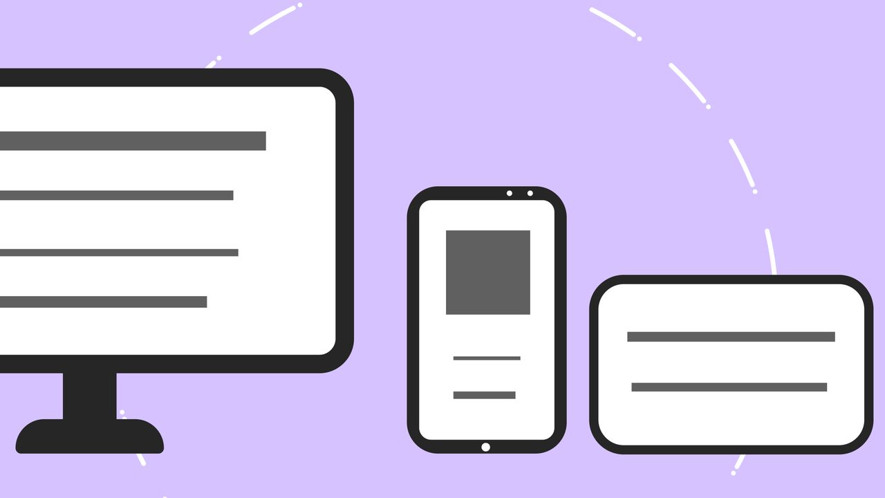 heros-img Vector icons with modern phone near computer monitor and credit card with gray lines on purple background